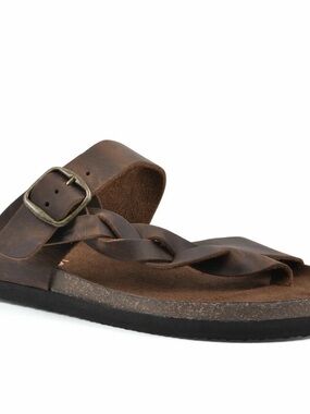 White Mountain Men’s Brown Braided Leather Slide with Buckle Accent
